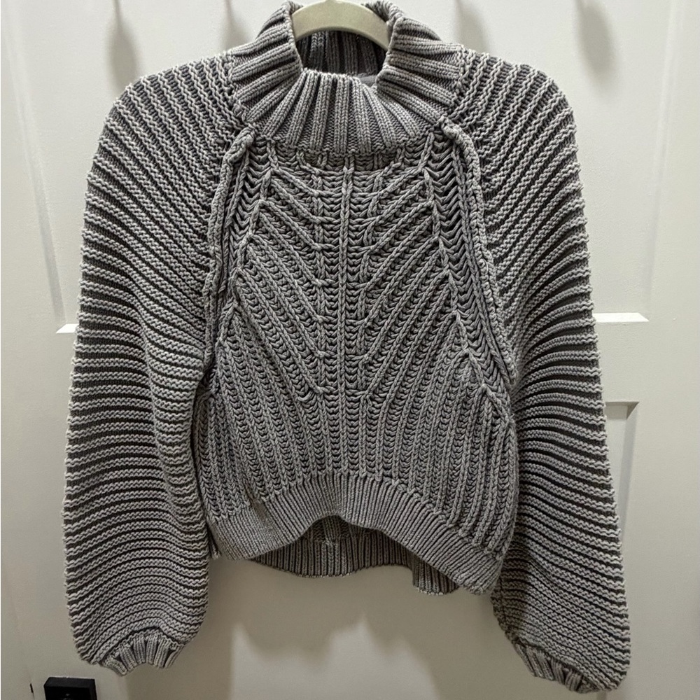 Free People Gray Cable Knit Mockneck Sweater